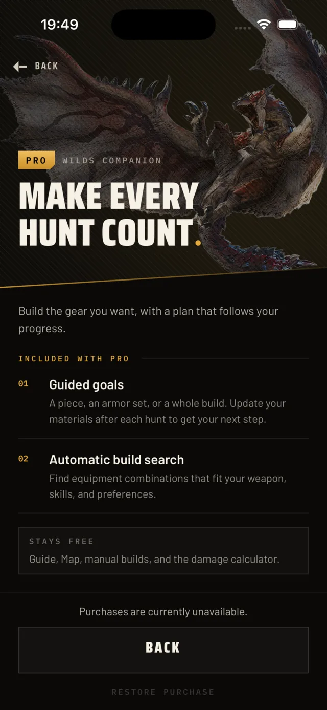 The app describing guided goals and automatic build search, and listing what stays free.