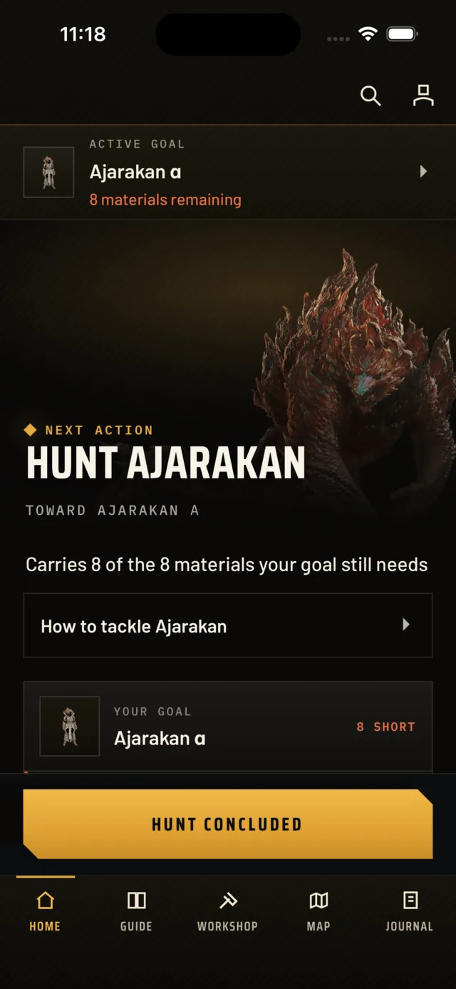 The app's home screen naming the next hunt: Hunt Ajarakan, carrying 8 of the 8 materials the goal still needs.