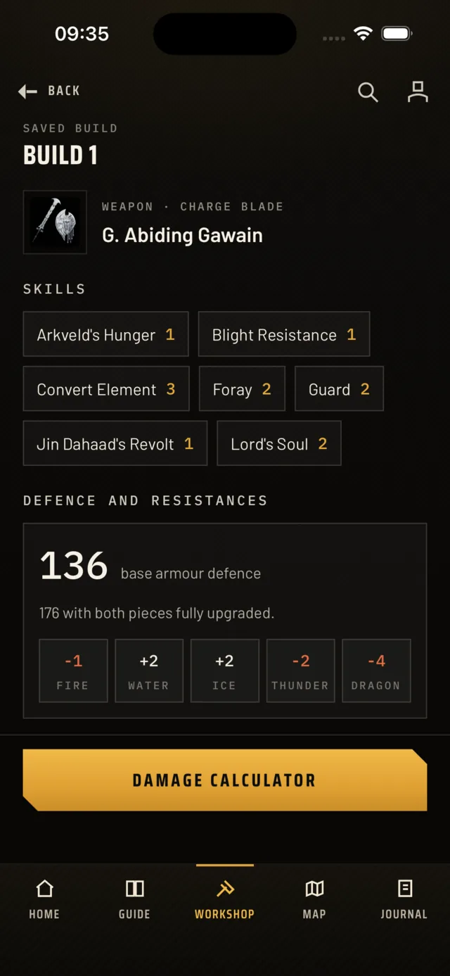 A saved build showing its charge blade, seven skills with levels, base armour defence of 136 and per-element resistances.